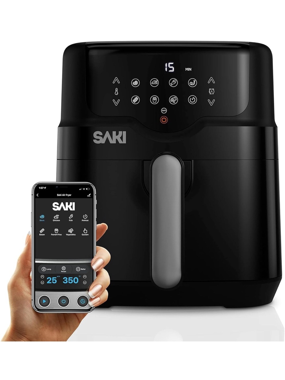 The Sak Black Compact Air Fryer with Silver Handle